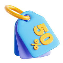 3D Render of Light Blue Discount Tag Displaying Fifty Percent Off on Transparent Backdrop