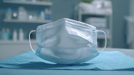 Close up view of surgical mask placed on blue cloth in medical environment
