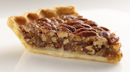 Delicious slice of pecan pie with textured filling and golden crust