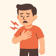 Young boy clutching chest in pain with red lightning bolt symbols indicating discomfort