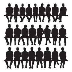 Silhouette sitting people, men, women on chair bench, vector human poses, black outline characters, modern casual posture, editable design, isolated group collection.