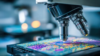 Close up of microscope examining colorful specimen sample in laboratory environment