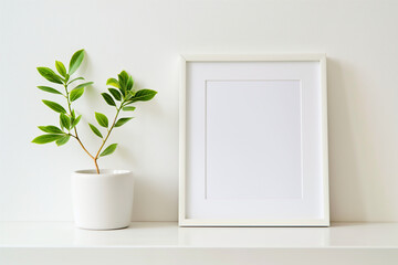 Minimalist plant with blank frame on clean white shelf