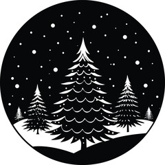 Obraz premium Vector art of silhouette of christmas trees in a snowy landscape at night, depicted in a circular frame with falling snow