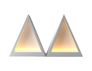 Two triangular, light-emitting display cases. Pairs of white, geometric shapes. Soft, warm light emanating from within