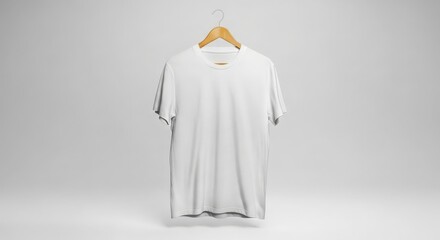 A plain white t-shirt hangs on a wooden hanger against a clean, neutral background.