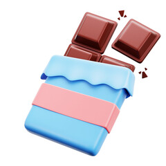 Chocolate Bar 3D Render with Blue Wrapper and Pink Band Against Black Background, Dark Chocolate Pieces Breaking Off Sweet Treat Delight