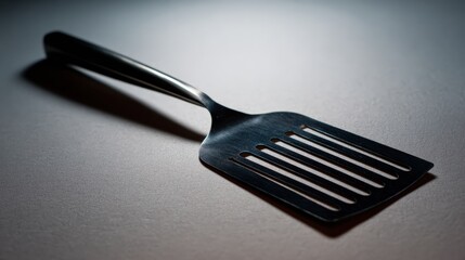 Black metal spatula on grey surface with dramatic lighting for culinary use