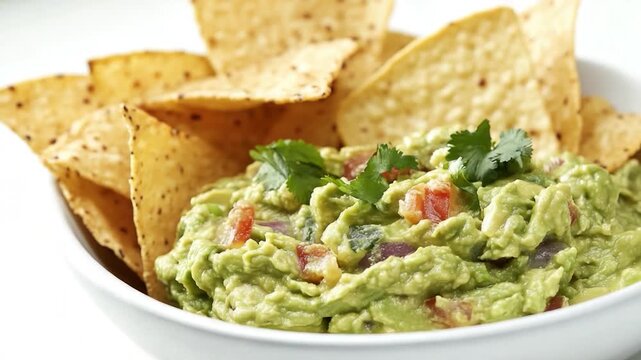 Fresh avocado dip served with crispy tortilla chips, perfect for snacking or party platters