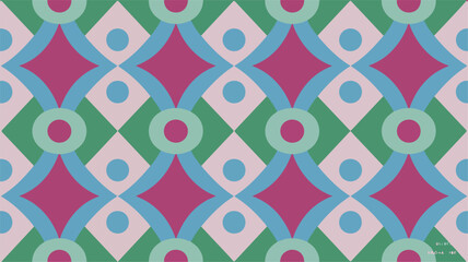 Retro Geometric Pattern with Circles Diamonds and Rings in Pink Green and Blue vintage background