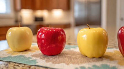 Colorful arrangement of apples on kitchen counter with soft lighting