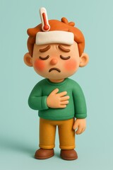 Claymation boy with fever cool compress on forehead thermometer in hair clutching chest