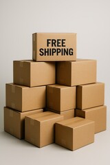 Stack of brown cardboard boxes with FREE SHIPPING text on top box package