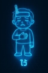 Sad cartoon child with thermometer on forehead and hand on chest glowing blue outline