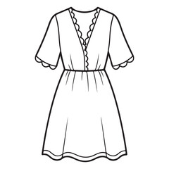  Women's V-Neck Wrap Dress Line Art Icon with Scalloped Trim and Elastic Waist