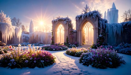 Winter Garden Scene with Snow and Flowers at Sunset
