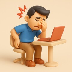 A cartoon man sits at a desk with a laptop rubbing his tired eyes illustration