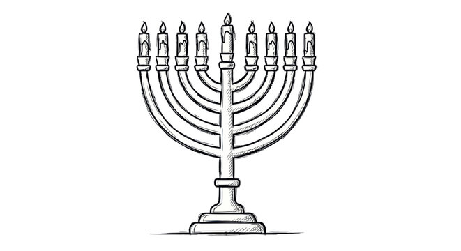 A hand-drawn black and white sketch of a traditional Hanukkah menorah with nine lit candles.