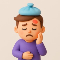 Sad boy with ice pack on head and red spot on forehead holding stomach and cheek