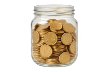 Money jar saving gold coins on transparent background