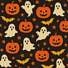 Halloween pattern featuring carved pumpkins friendly ghosts yellow bats and orange stars on a black background