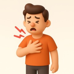 Cartoon man clutching chest with chest pain symbol conveying sickness and discomfort