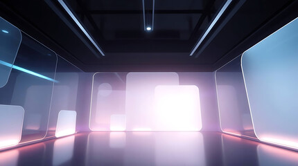 Futuristic interior with glowing panels and reflective floor creating a modern and abstract environment