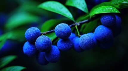 Close up of blue berries with dew drops on green leaves