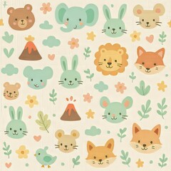 Obraz premium Adorable cartoon animal faces and nature elements arranged on a cream background