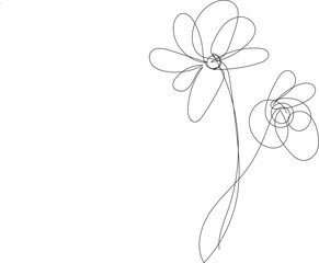 Elegant single line drawing of two delicate flowers with swirling stems on a white background
