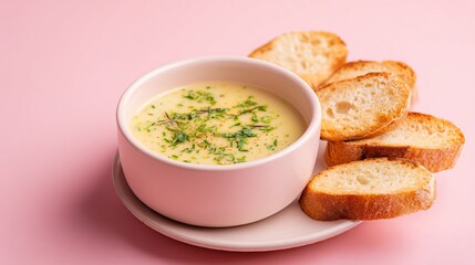 Bowl of soup with baguette slices on the side, pastel pink background