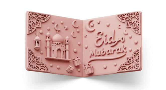 A pink book-shaped Eid Mubarak decorative plaque with a bas-relief mosque and calligraphy.