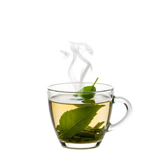 A cup of green tea with a leaf isolated on transparent background, a refreshing and healthy beverage for any time