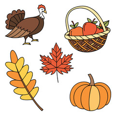 Cartoon autumn icon set displays turkey, apples, basket, maple leaf, fall foliage, and pumpkin