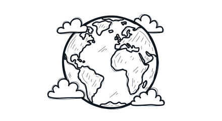 Hand-drawn Earth globe with clouds showing continents and oceans. © kopi