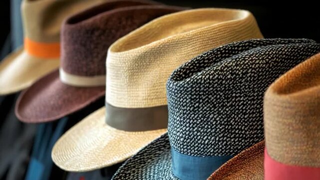 A collection of hats stacked neatly side by side