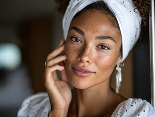 Confident woman with vitiligo applying moisturizer in front of a mirror, natural lighting, fresh skin glow