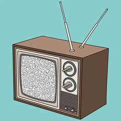Vintage television with antenna displays white noise against a cyan background in cartoon style