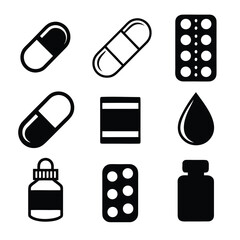 Black and white icons of pills capsules blister packs and bottles medicine medical
