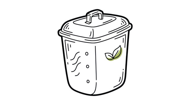 Hand-drawn line art illustration of a kitchen compost bin with a green leaf logo for organic waste.