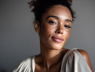 Woman with vitiligo confidently looking into the camera, minimal makeup, glowing light