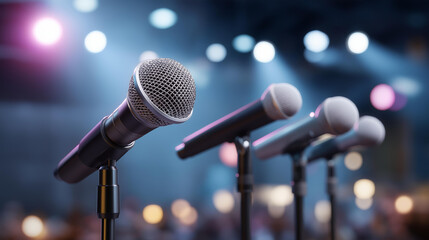 A group of singers auditions for a talent show, with microphones gleaming, a stage lit up, judges scribbling notes, and a crowd cheering softly, captured in a vibrant photo with mic shines, light