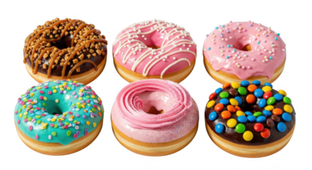 Delicious assortment of sweet frosted doughnuts with sprinkles and toppings