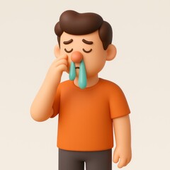 Cartoon boy with a runny nose and crying eyes touching his face with a finger