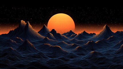 Vibrant Sunset Over Stylized Mountain Landscape with Wavy Patterns