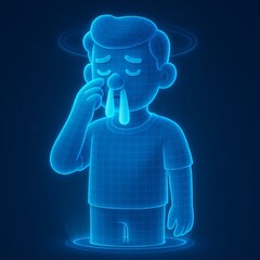 Blue holographic wireframe character with closed eyes and hand to nose emanating light