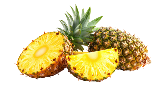 Fresh pineapple slices, vibrant yellow flesh,  green crown