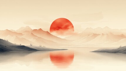 Serene Landscape with Giant Red Sun Setting Over Tranquil Waters