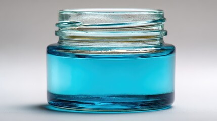 Close up of a small glass jar containing vibrant blue liquid with smooth surface