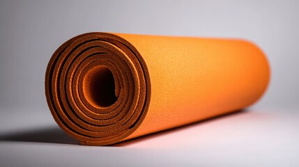 Rolled orange yoga mat on a neutral background for fitness and wellness